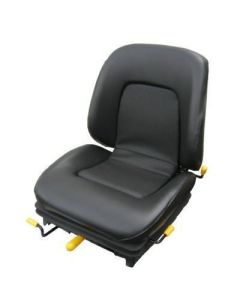 Black KAB 211 suspension forklift seat with ergonomic padded backrest, adjustable levers, and durable vinyl cover for operator comfort and safety