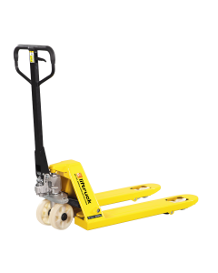 Printer’s pallet truck with a narrow fork design, ideal for handling small pallets and skids. Heavy-duty yellow frame with black ergonomic handle and durable nylon wheels for smooth manoeuvrability in warehouse and printing environments.