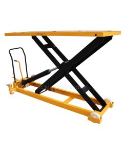 Large platform scissor lift table with yellow base, black scissor arms, hydraulic cylinder, and white polyurethane wheels, featuring a black handle and foot pump control