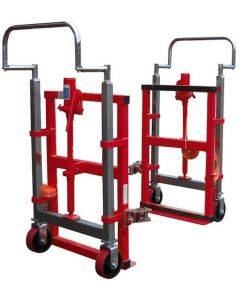 A pair of hydraulic, steerable, heavy duty moving trolleys complete with ratchet straps and non marking polyurethane wheels.