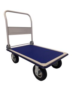 Large-wheeled folding platform trolley with durable anti-slip blue deck and pneumatic tyres for smooth transport across uneven surfaces in industrial or warehouse use