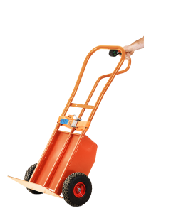 Electric-powered sack truck with integrated battery pack, ergonomic handle, and robust solid wheels for effortless material transport