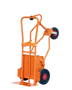 Heavy-duty orange Goodsman B powered sack truck with reinforced steel frame, pneumatic wheels, and wide loading platform for transporting heavy loads with electric assistance