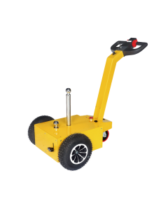 Yellow electric tow tractor with large pneumatic tyres, ergonomic black handle, tow hitch ball, and compact chassis for efficient heavy load towing