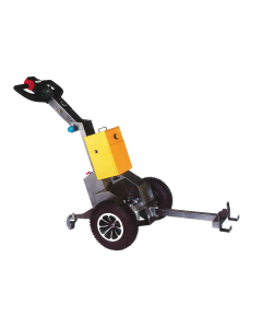 1000kg capacity electric tow tractor with large pneumatic wheels, ergonomic black handle with control buttons, yellow control box, and steel towing hitch for agricultural and industrial use