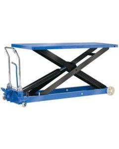 LARGE PLATFORM SCISSOR LIFT TABLE WITH 100KG CAPACITY, AND HARD WEARING AND NON MARKING POLYEURETHANE TYRES