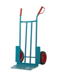 Apollo heavy-duty sack truck with puncture-proof wheels, blue steel frame, wide toe plate, and red safety handles for reliable material handling