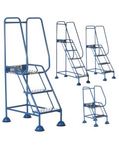 Climb-It Domed Feet Safety Steps in multiple sizes with handrails and anti-slip treads for safe elevated access in warehouse and industrial settings