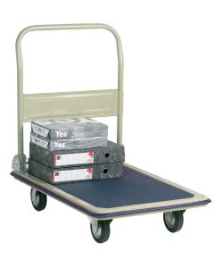 Lightweight folding platform trolley with anti-slip blue deck and four swivel castor wheels for easy manoeuvrability in warehouse or office use