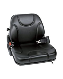 Non-suspension forklift seat with contoured black vinyl cushioning, integrated seat belt, and durable compact design for operator safety and support