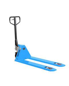Blue Liftruck low profile pallet truck with black handle and red polyurethane rollers, isolated on white background, designed for low clearance pallets and smooth operation