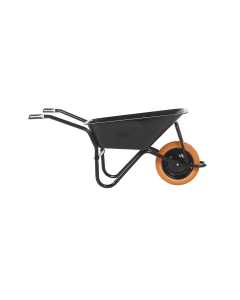 Olympus heavy-duty black wheelbarrow with puncture-proof orange tyre and ergonomic twin handles for landscaping and construction use