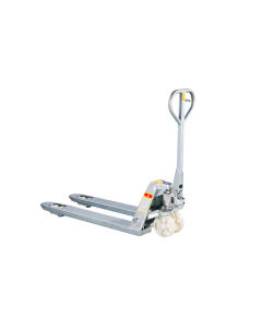 Galvanised hand pallet truck with nylon steering wheels and corrosion-resistant steel forks for hygienic material handling in wet or food environments