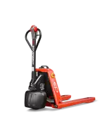 Red EP lithium-ion powered pallet truck with ergonomic tiller handle and compact design for efficient electric load handling