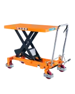 Manual single scissor lift table with hydraulic pump, 1000kg capacity, and mobile design for easy lifting and positioning in warehouses and workshops.