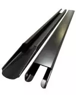Heavy duty fork extensions for forklifts with black finish and clear identification label.