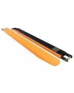 Fork protection sleeve covers in orange and black for enhanced safety and durability on forklift forks.