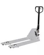 White Lifter hand pallet truck with long forks, featuring robust wheels for easy movement and a sturdy handle for manual operation.