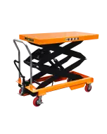Manual double lift mobile scissor table with orange top, black frame, ergonomic handle for easy lifting and mobility, suitable for industrial use.