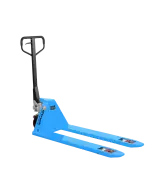Blue Liftruck low profile pallet truck with black handle and red polyurethane rollers, isolated on white background, designed for low clearance pallets and smooth operation