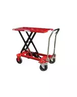 Red rough terrain mobile scissor lift table with durable wheels, designed for lifting heavy loads in rugged environments. Features a sturdy X-frame and ergonomic handles for easy maneuvering.