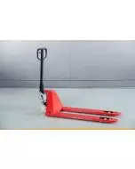 Low Profile Pallet Truck in red, designed for low clearance and heavy-duty operations with durable wheels for smooth movement.