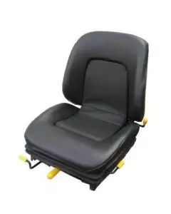Black KAB 211 suspension forklift seat with ergonomic padded backrest, adjustable levers, and durable vinyl cover for operator comfort and safety