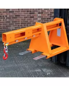 Heavy-duty fork-mounted jib attachment with extendable arm and safety hook
