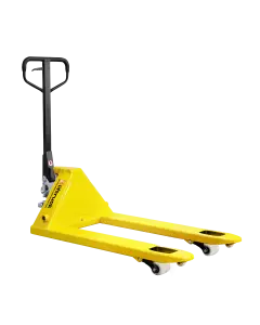 Yellow Liftruck branded pallet mover pallet truck with black handle and white nylon wheels, designed for heavy-duty lifting and easy manoeuvrability