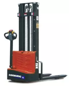 1.5-tonne electric pallet stacker with powered lift and ergonomic tiller arm by Lonking, ideal for warehouse stacking operations