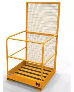 Yellow forklift man cage access platform with mesh guardrails, non-slip floor, and safety symbols, designed for secure personnel lifting.