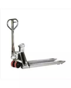 Stainless steel weighing pallet truck with built-in digital scale, corrosion-resistant forks and red polyurethane wheels for hygienic material handling