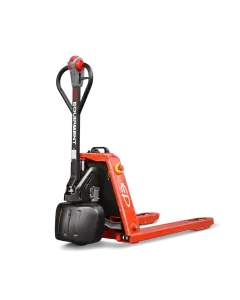 Red EP lithium-ion powered pallet truck with ergonomic tiller handle and compact design for efficient electric load handling