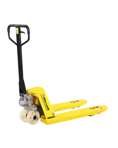 Yellow Liftruck branded manual pallet truck with black handle and white nylon wheels, designed for lifting and transporting loads up to 2500kg