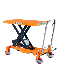 Manual single scissor lift table with hydraulic pump, 1000kg capacity, and mobile design for easy lifting and positioning in warehouses and workshops.