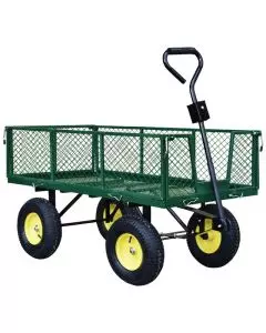 Large green garden platform truck with mesh sides and yellow wheels, designed for transporting large items.