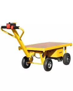 Electric yellow platform trolley with a sturdy wooden deck, ergonomic handle, emergency stop button, and durable wheels for efficient material handling.