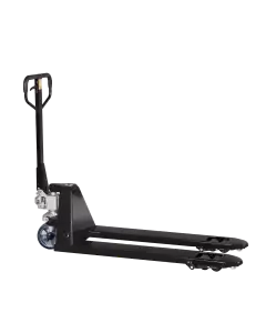 Side view of a black quick lifting pump truck with smooth, durable rubber wheels and an ergonomic handle for easy manual material handling.
