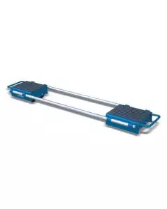 Adjustable moving skate pair with connecting bars and rubber tops for transporting heavy machinery and equipment