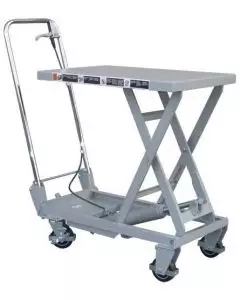Aluminium lightweight mobile scissor lift table with adjustable height, ergonomic handle, and durable wheels for efficient material handling and lifting.