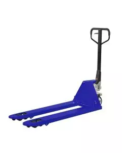 Silent pump pallet truck with blue powder-coated steel forks, ergonomic handle, and smooth wheels for easy maneuvering in industrial environments, designed for efficient and silent load lifting.
