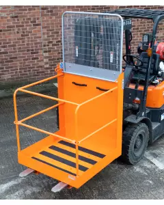Orange forklift-mounted access platform with mesh back and anti-slip floor, securely fitted to forklift for safe elevated work