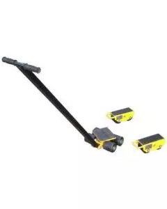 Complete machinery skate set with steerable front skate and two trailing skates for heavy-duty equipment moving