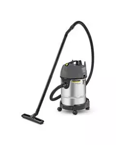 Professional-grade wet and dry vacuum cleaner with stainless steel body and sturdy wheels