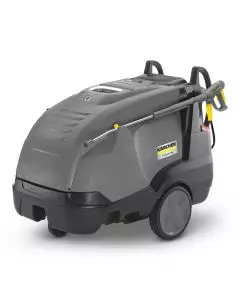 Side view of a Karcher industrial-grade high-pressure washer with robust wheels and ergonomic handle.