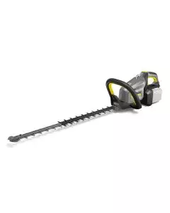 Kärcher cordless hedge trimmer with long dual-action blade and ergonomic loop handle, designed for precise cutting of shrubs and hedges in commercial landscaping