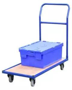 Economy flatbed platform trolley with blue frame and wooden base, shown carrying a secure-lid storage box for transport tasks