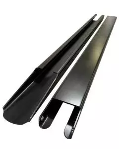 Heavy duty fork extensions for forklifts with black finish and clear identification label.