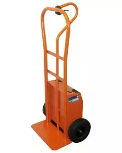 Electric-powered sack truck with integrated battery pack, ergonomic handle, and robust solid wheels for effortless material transport