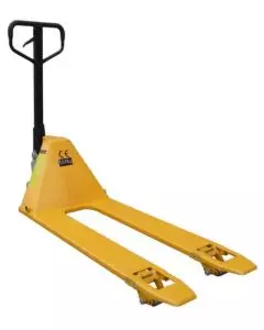 Heavy-duty yellow pallet truck with ergonomic black handle, designed for efficient manual lifting and transportation of pallets in warehouses, factories, and logistics operations.